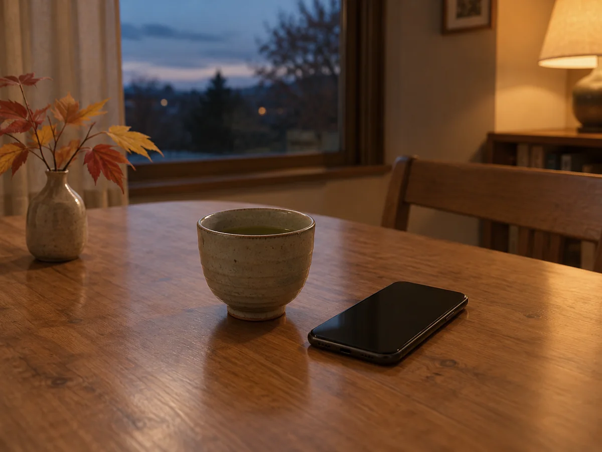 夕方のテーブルに置いた湯のみとスマホ