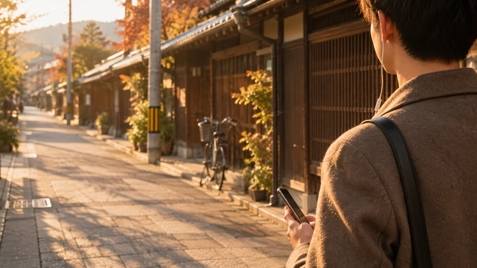 夕方の町家の通りで、有線のイヤホンマイクをつけ、片手にスマホを持って歩く人の後ろ姿
