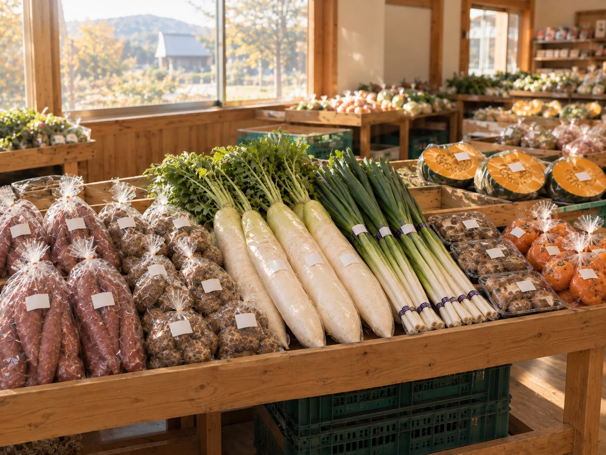 直売所の平台に並んだ大根・ねぎ・袋詰めの野菜