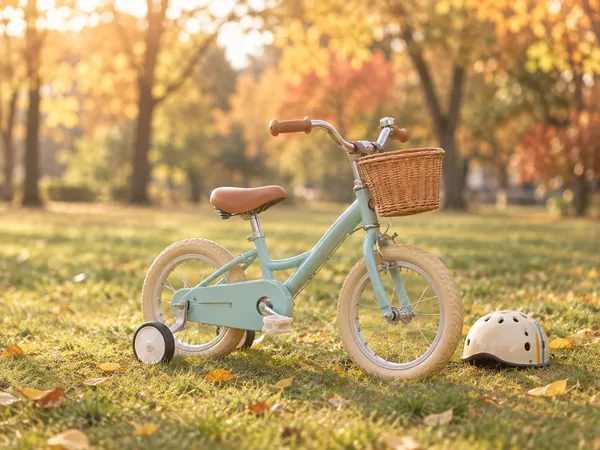 公園の芝生に置いた補助輪つきの自転車と小さなヘルメット