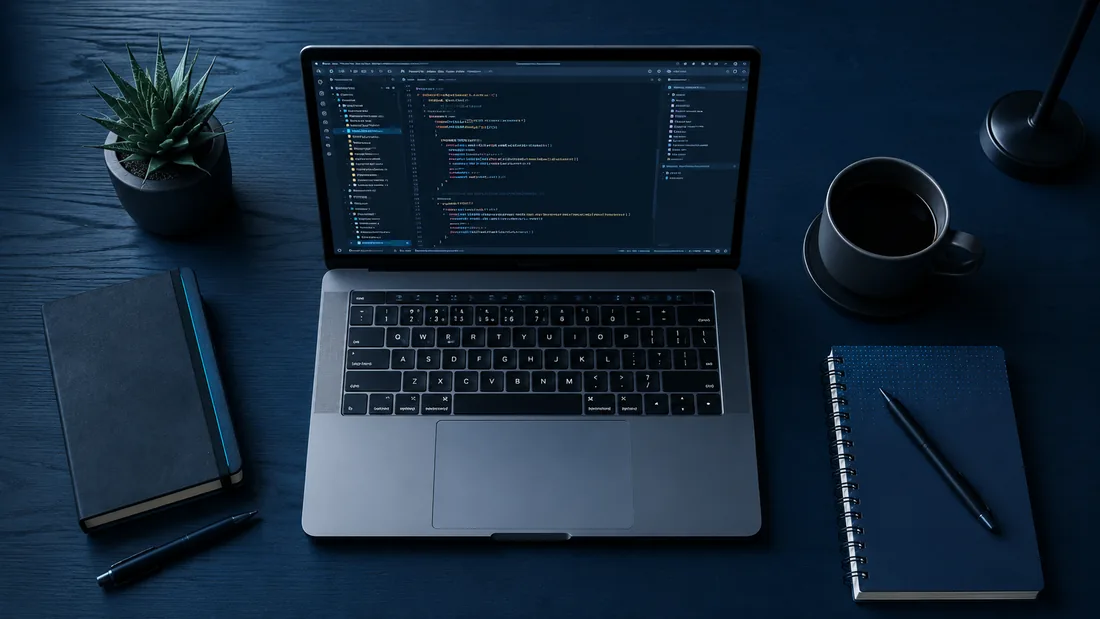 ノートPCとコードエディタが置かれた整ったデスク