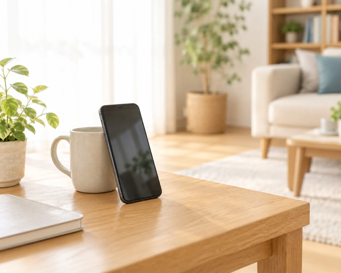 机の上でマグカップに立てかけて置いたスマートフォン。特別な道具は使っていません。